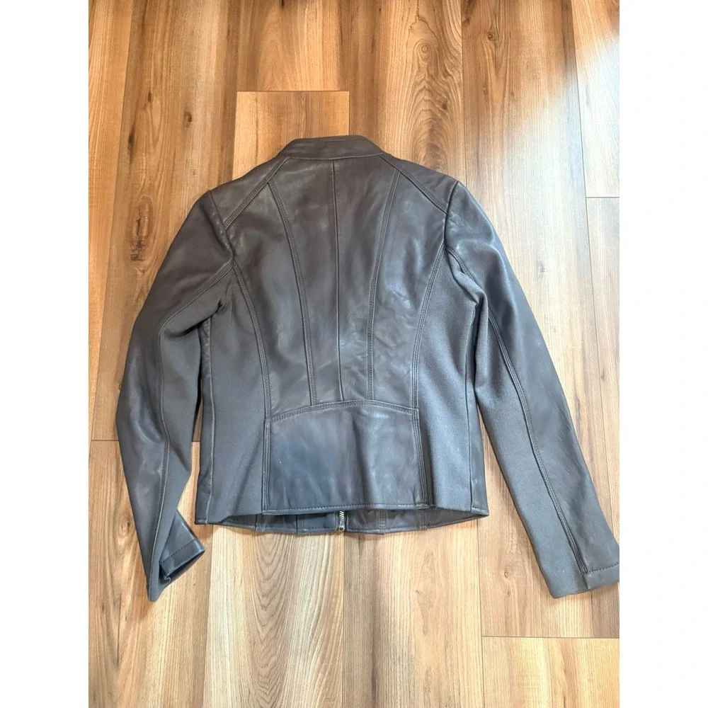 Michael Michael Kors Dark Gray Leather Moto Jacket Women's Small Silver Coat